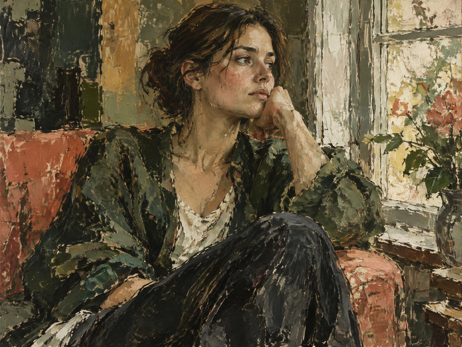 Expressive figurative painting of a contemplative woman beside a window