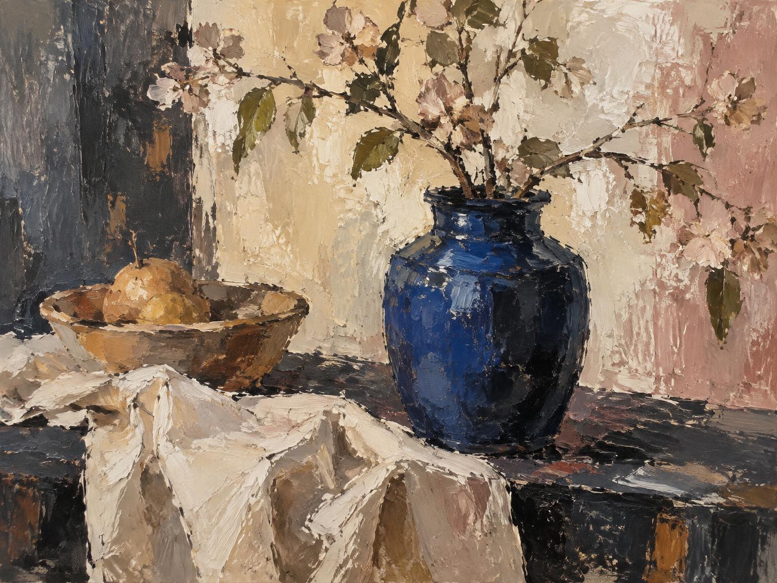 Painterly still life with a blue vessel and flowering branches