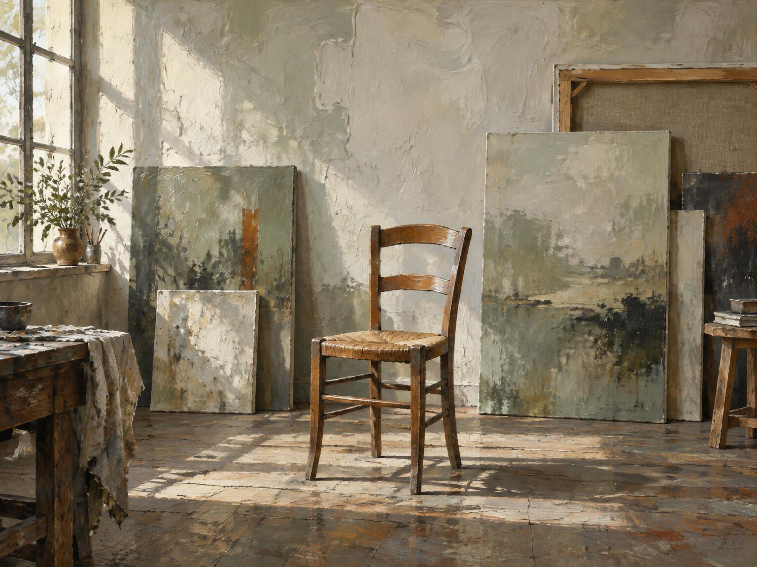 Painterly sunlit studio interior with an empty wooden chair and canvases