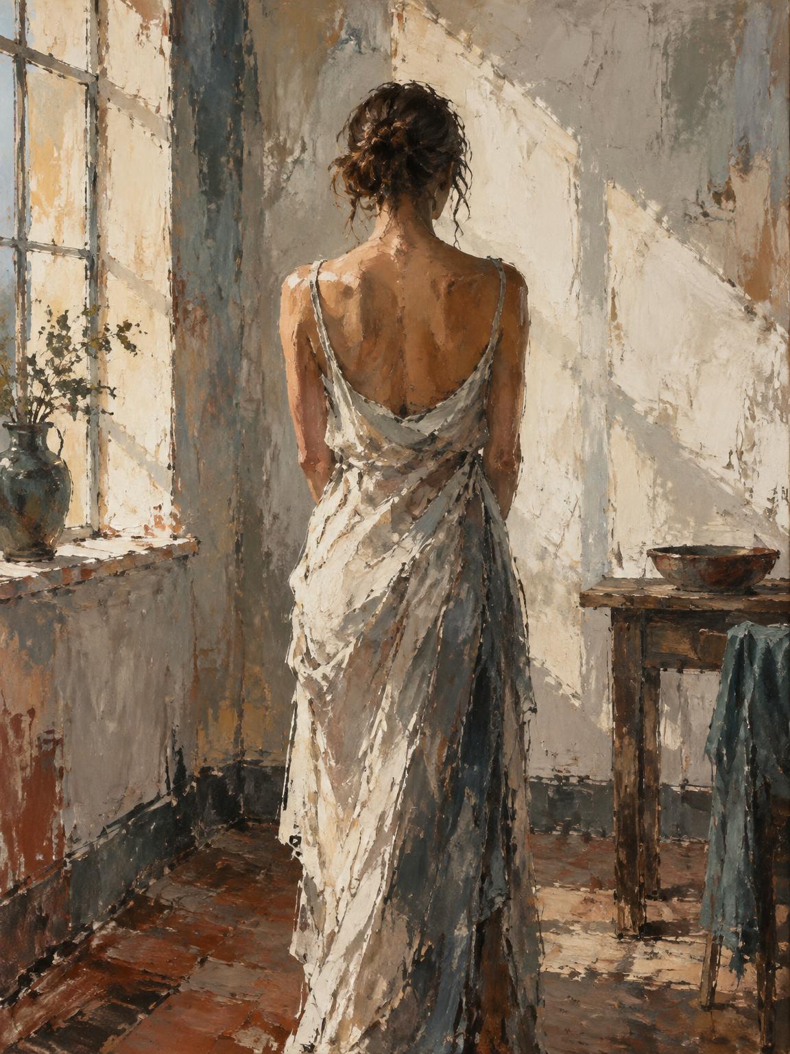 Still Here, a figurative oil painting in a sunlit room