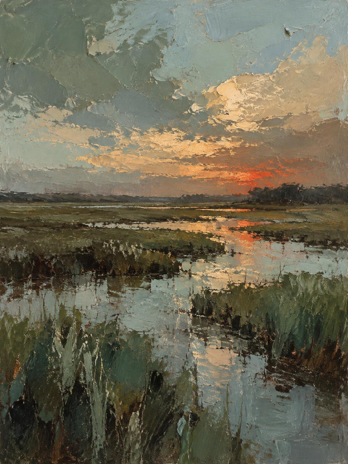 Textured oil painting of a marsh landscape at sunset