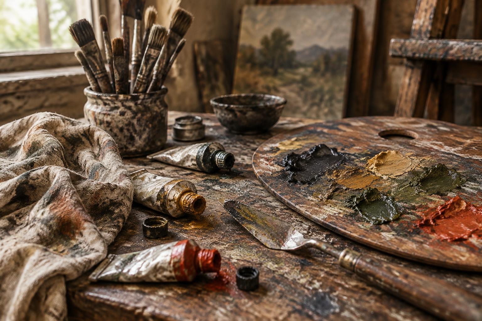 Paint brushes, palette knives, and oil pigments on a studio table